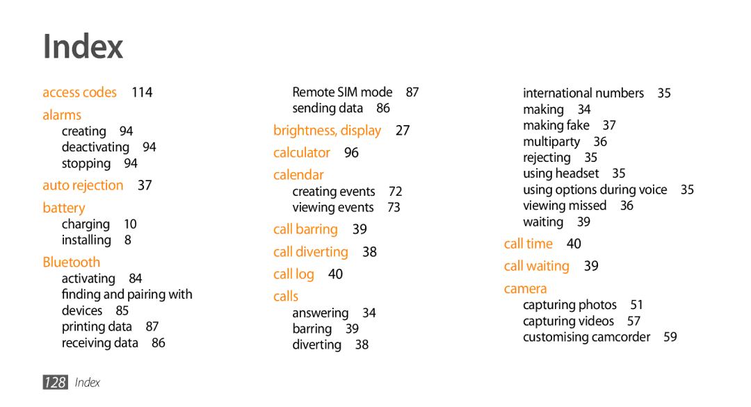 Samsung GT-S5330HKAFOP manual Index, International numbers , Using options during voice 35 viewing missed 36 waiting  